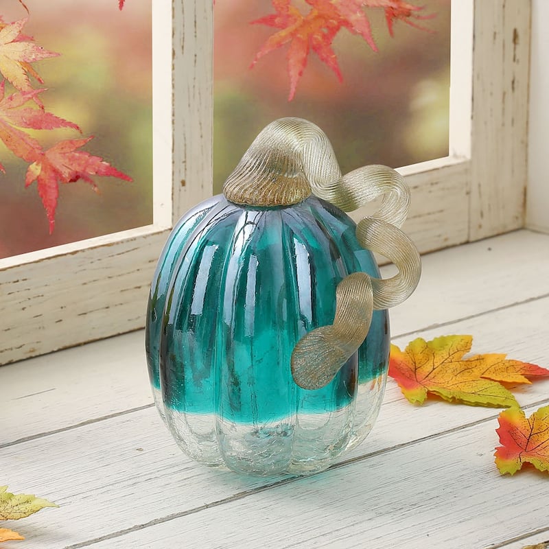 Glitzhome 6"H Fall Harvest Turquoise Crackle Glass Pumpkin Thanksgiving Decoration