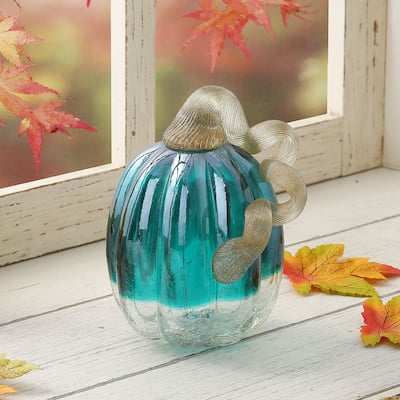 Glitzhome 6"H Fall Harvest Turquoise Crackle Glass Pumpkin Thanksgiving Decoration