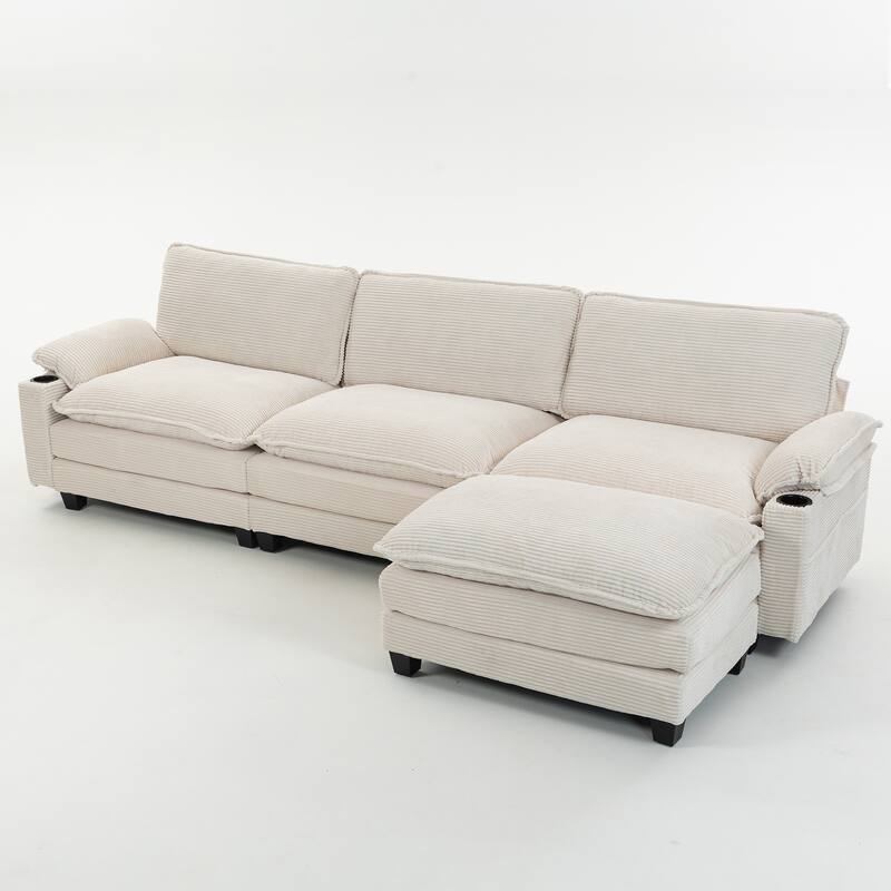 113" L Shaped Sectional Sofa, Deep Seat Cloud Couch with Ottoman, Oversized Corduroy Couch with Cup Holders, Storage Bags