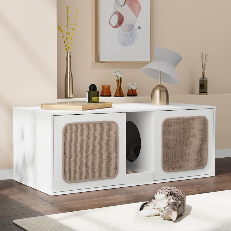 Modern Cat Litter Cat Enclosure,Washroom,Cabinet with two Large Rooms. - White