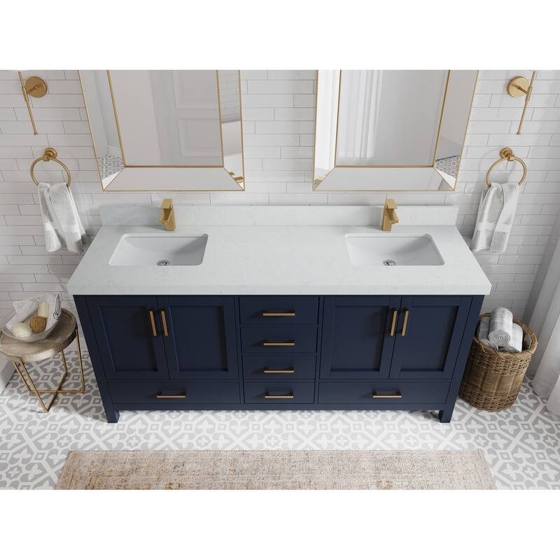 Willow Collection 72 in. W x 22 in. D Malibu Double Sink Bathroom Vanity with Countertop - 2" Carrara Quartz - Navy Blue