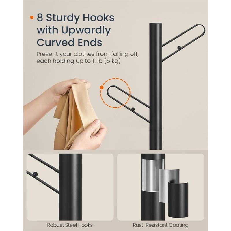 69" Tall Ink Black Metal Freestanding Coat Rack Tree with 2 Shelves and Wide Base for Daily Use - 15.7"L x 15.7"W x 69"H