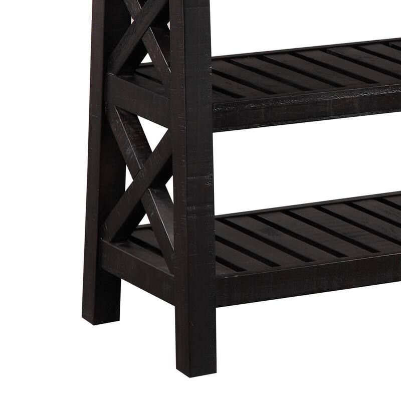 Slatted Two Tier Console table with Cross Side Panels, Rustic Cafe Brown