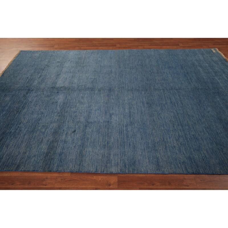 Modern Gabbeh Area Rug Hand-Knotted Oriental Blue Wool Carpet - 6'7" x 9'10"