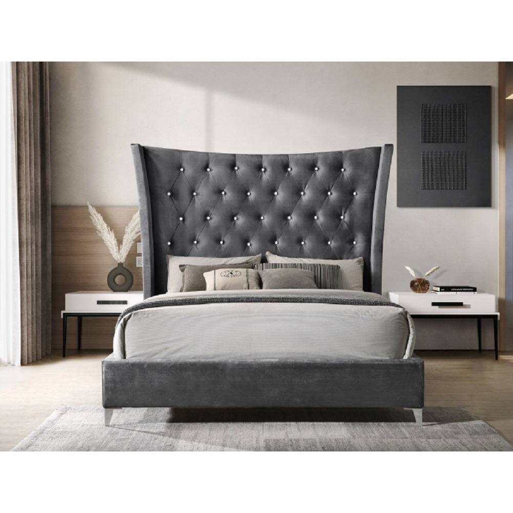 Stylish Platform Bed Frame with Wing Back Tufted Heaboard, Dark Gray