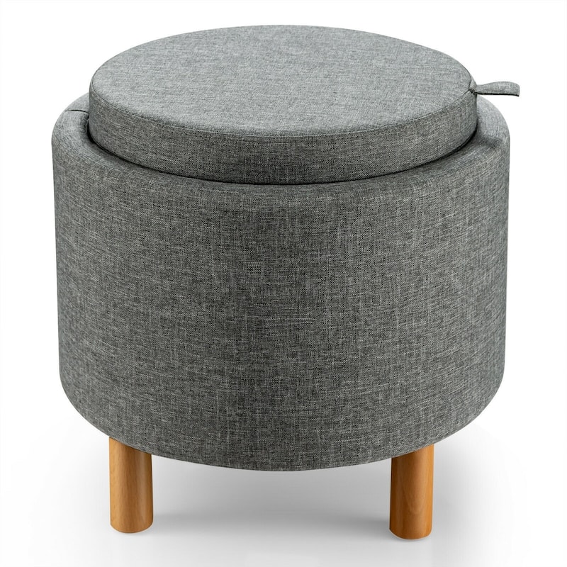 Round Storage Ottoman with Tray Top Accent Padded Footrest - Gray