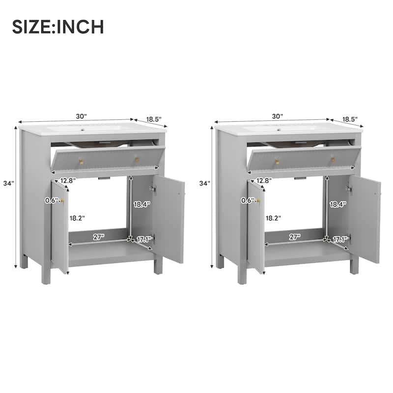 Roomfitters 60" Grey Bathroom Vanity with Ceramic Sink, Freestanding Storage Cabinet with Fluted Doors & Soft-Close Drawer