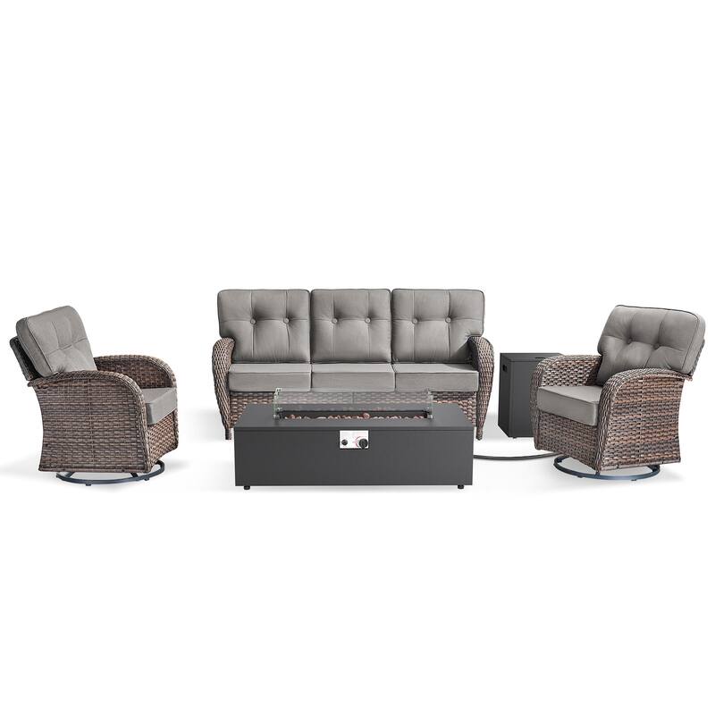 Pocassy 43-In Fire Pit w/ Outdoor Sofa Swivel Chair Ottoman Set