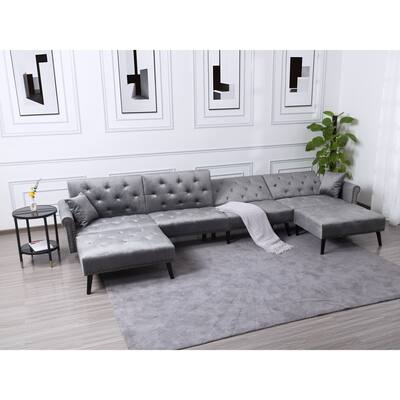150" Symmetrical Sectional Sofa with 2 Pillows & Chaise, U-Shape Nailhead Decor Corner Sofa Convertible Sleeper Velvet Couch Bed