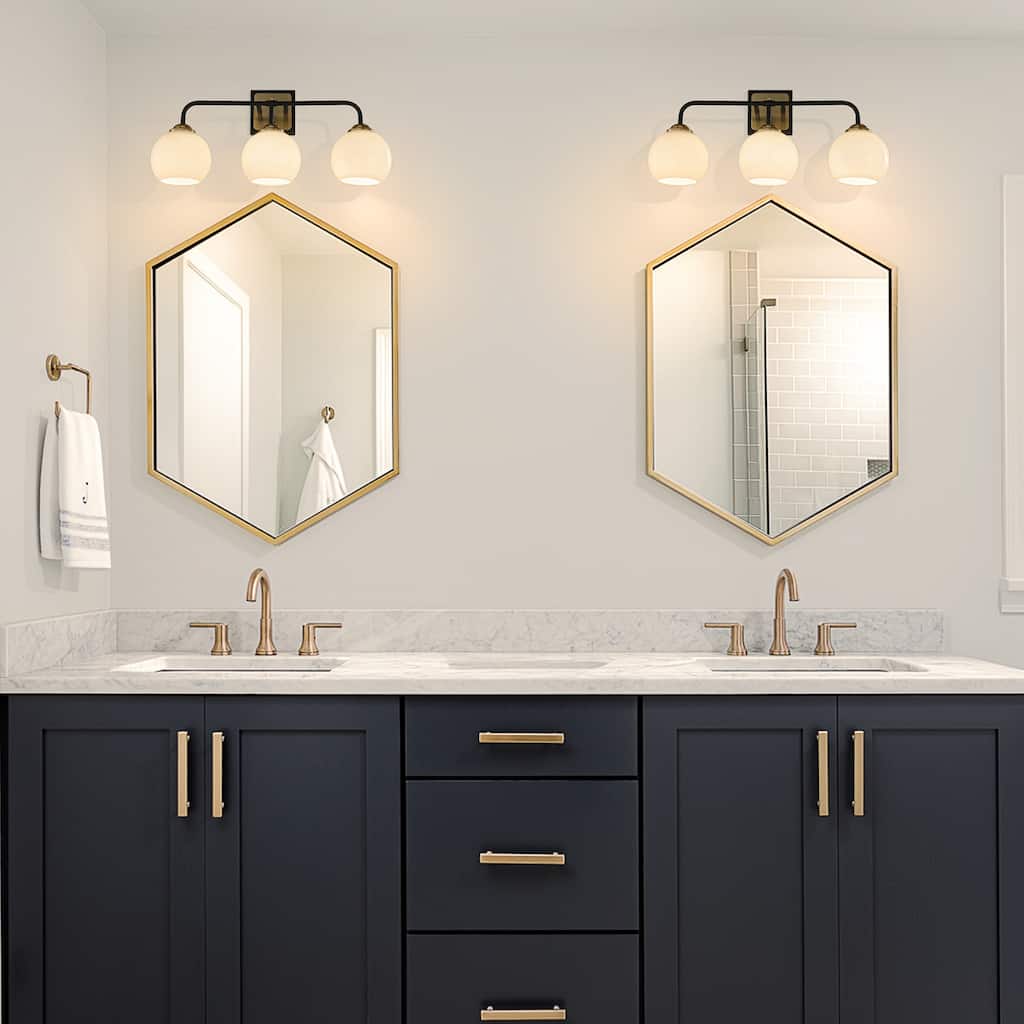 3-Light Modern Elegant Brass And Black Bathrooom Vanity Light with Round/Square Milk White Glass Shades