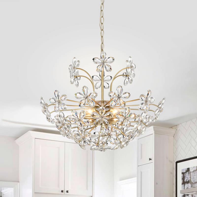 Rosa 6-Light Daisy Flower Crystal Large Size Chandelier - Brushed Silver-ish Champagne