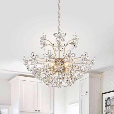 Rosa 6-Light Daisy Flower Crystal Large Size Chandelier - Brushed Silver-ish Champagne