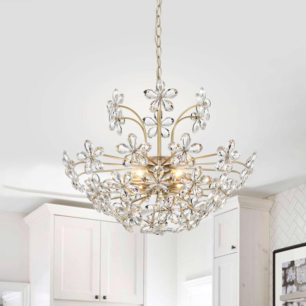 Rosa 6-Light Daisy Flower Crystal Large Size Chandelier - Brushed Silver-ish Champagne