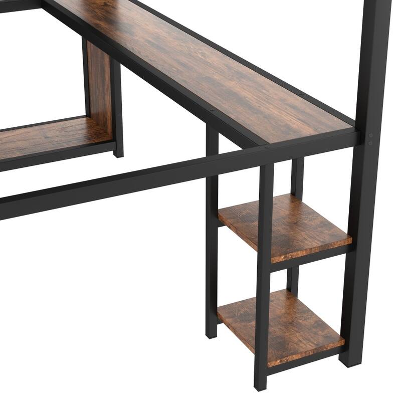 Queen Size Loft Bed Frame with Built-in Wardrobe,Desk and Storage Shelves