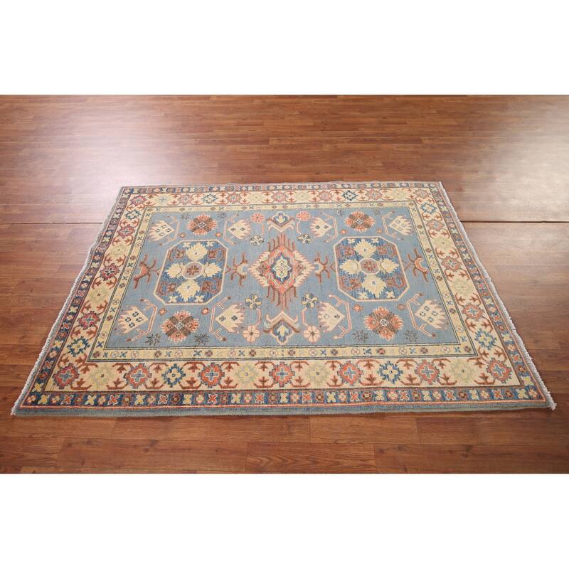 Light Blue Kazak Oriental Area Rug Hand-Knotted Bedroom Wool Carpet - 4'2" x 5'10"