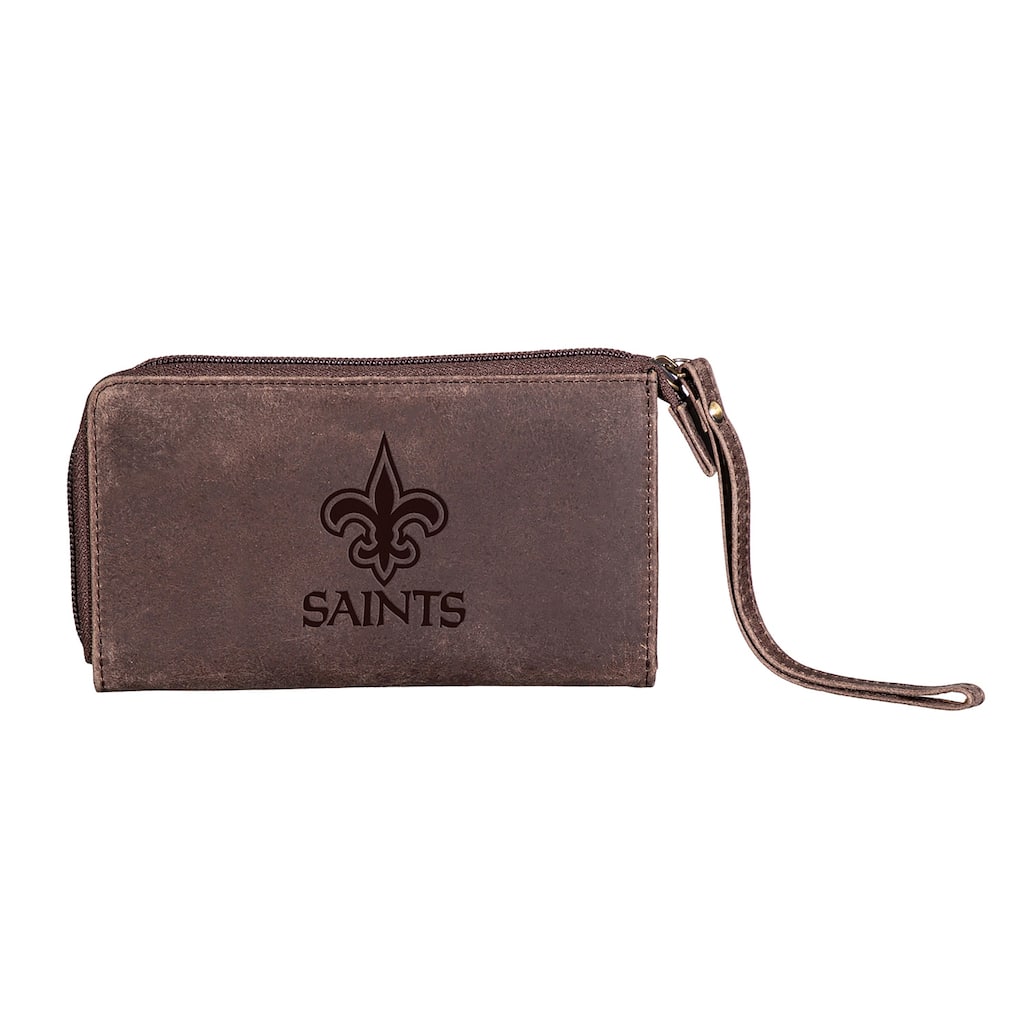 Brown Leather Cell Phone Wristlet Wallet, New Orleans Saints - 4" x 7"