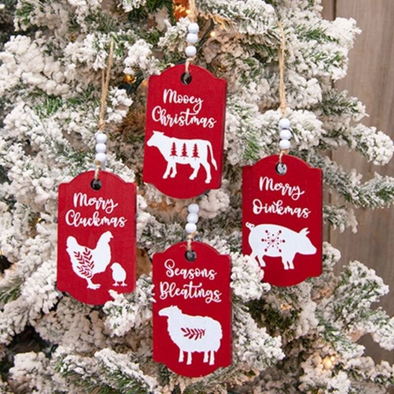 Rustic Farmhouse Christmas Ornaments Red and White Beaded Wood Hanging Holiday Decor 4 Asstd. - 4.75" H x 3" W x .25" D