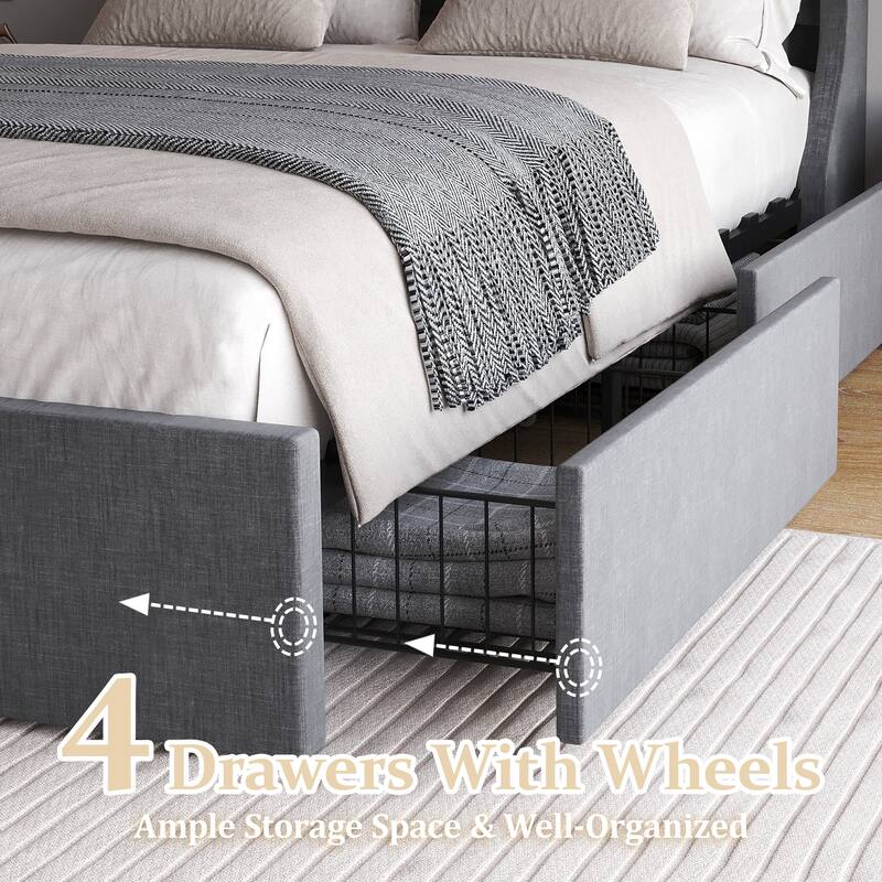 Tufted Wingback Storage Bed Frame with 4 Drawers, Dark Grey Upholstered Platform Bed