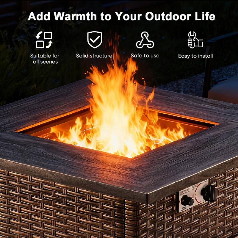 30 in. Square Brown Wicker and Metal Propane Gas Outdoor Fire Pit Table with Lava Rocks, 50000 BTU