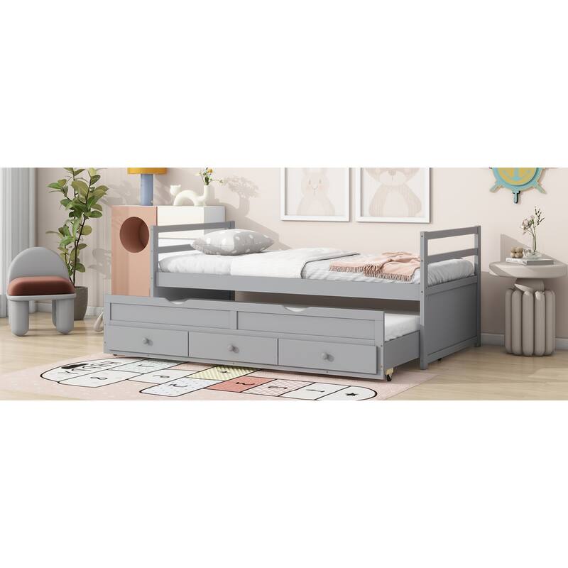 Roomfitters Twin Bed Frame with Headboard and Footboard, Pull-Out Trundle and Underbed Storage, Pine Wood Platform Bed