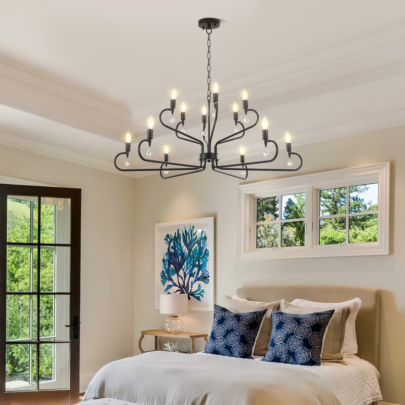 12-Light Black Metal Chandelier with Adjustable Chain
