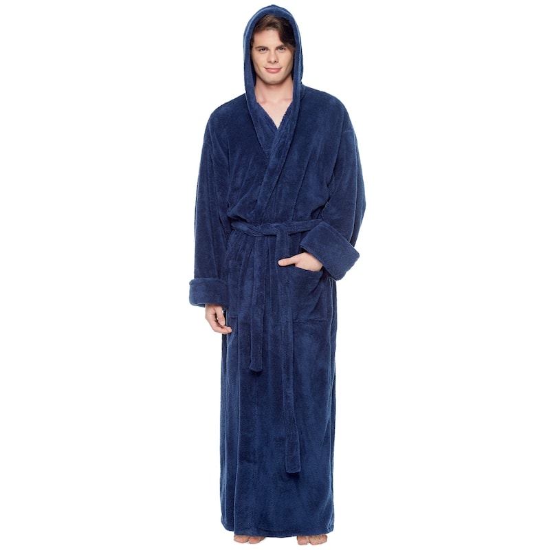 Men's Hooded Soft Plush Fleece Bathrobe Full Length Robe - S-M Ankle Length - Navy Blue