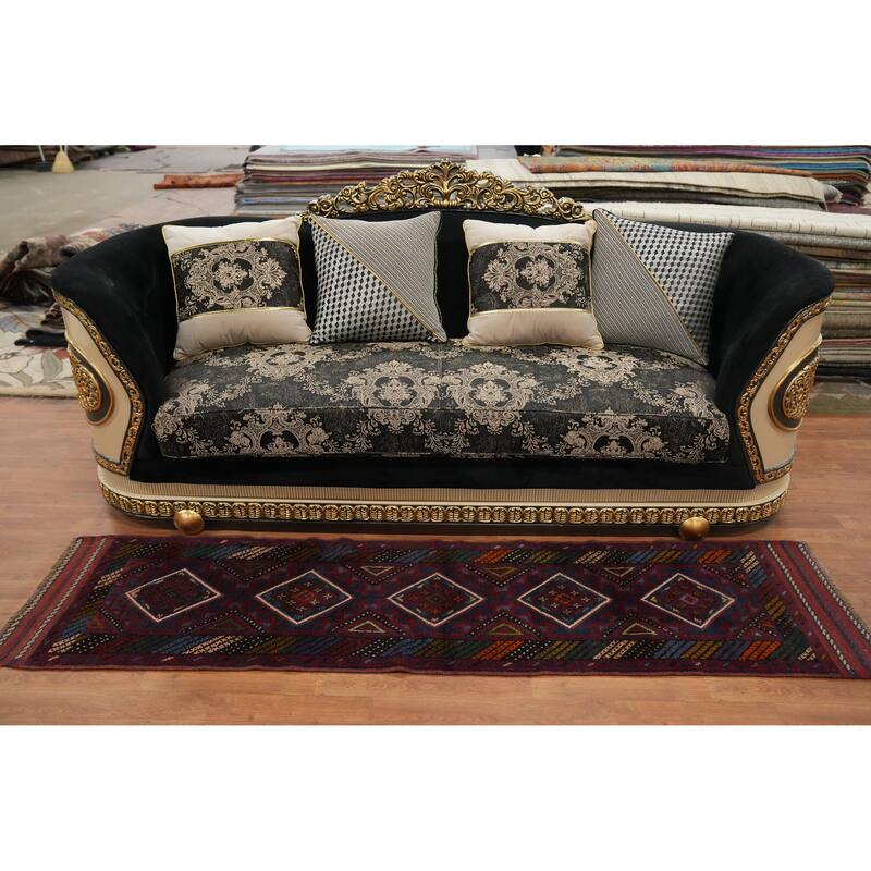Hand Knotted Oriental 100% Wool Carpet Traditional Tribal Navy Blue & Blues Balouch Runner Rug - 7' 10'' X 1' 11''