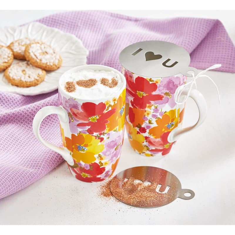 Springtime Floral Red Yellow Purple Flowers on White Background Mug & Stencil Set for Coffee Tea and Coco, 22 0z.