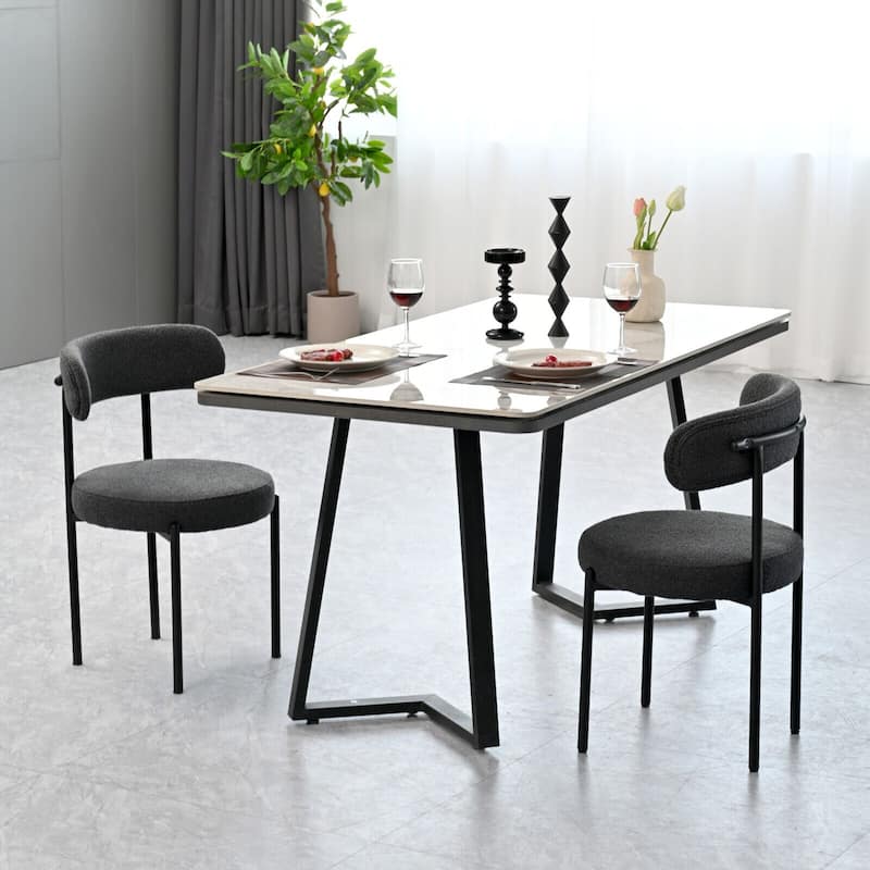 Boucle Dining Chairs Set of 2,Mid-Century Modern Curved Backrest Chair,Round Upholstered Kitchen Chairs - Grey