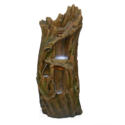 Alpine Corporation 40" Three Tier Tree Trunk Waterfall Fountain with LED Lights, Outdoor Garden Water Feature, Brown
