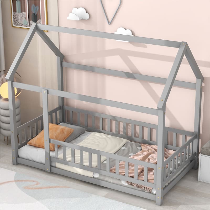 Floor Wooden Bed with House Roof Frame, Fence Guardrails