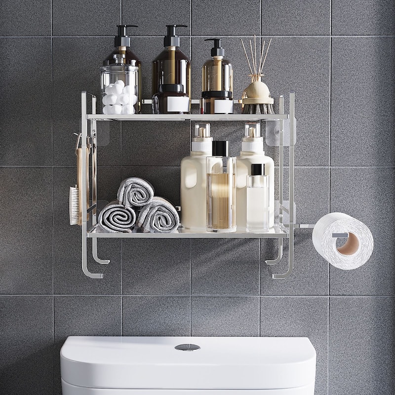 Over The Toilet Storage Shelf, 2-Tier Large Capacity Bathroom Storage Organizer With Paper Holder And 2 Hooks