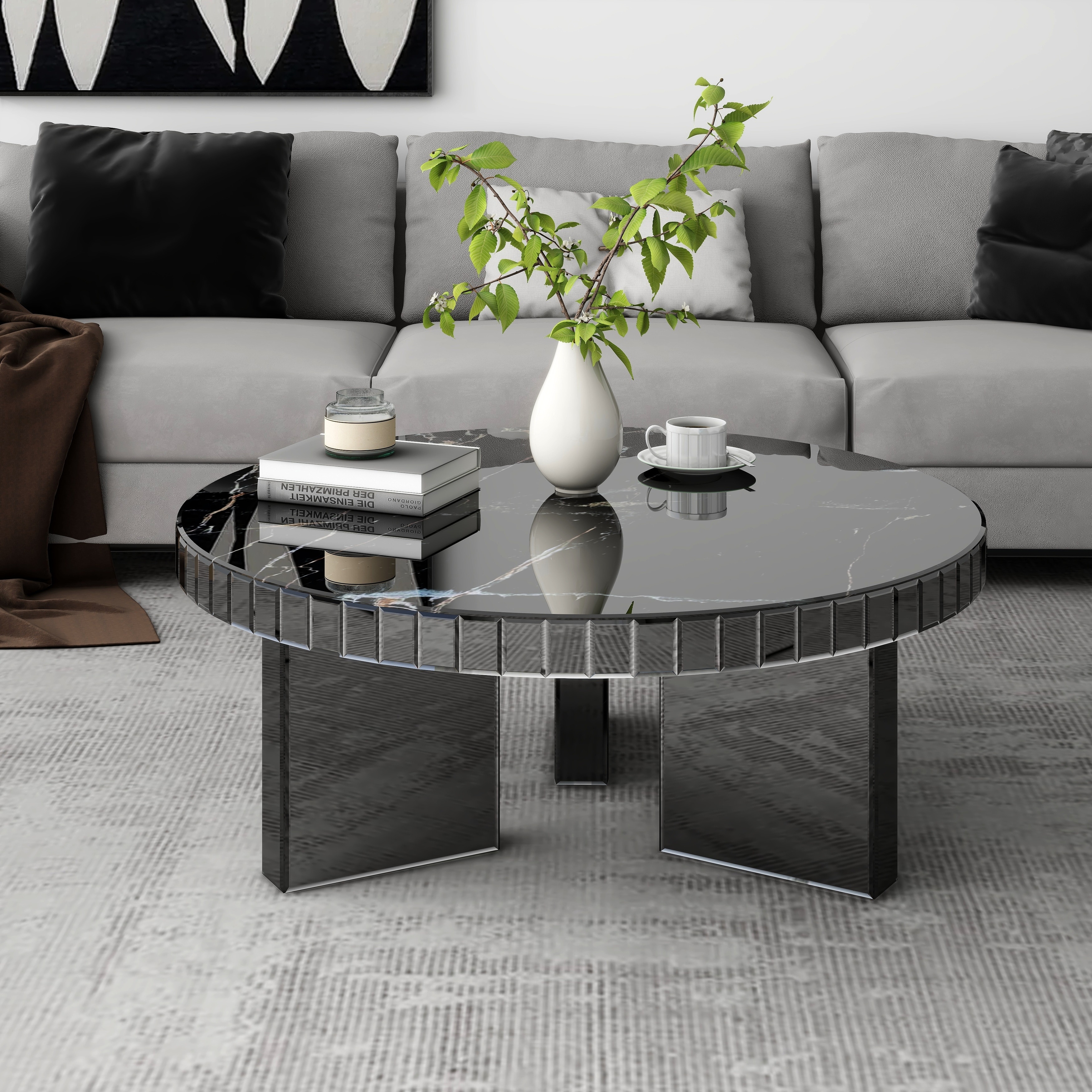 Modern Marble Top Coffee Table, Round Mirrored Black Glass Design