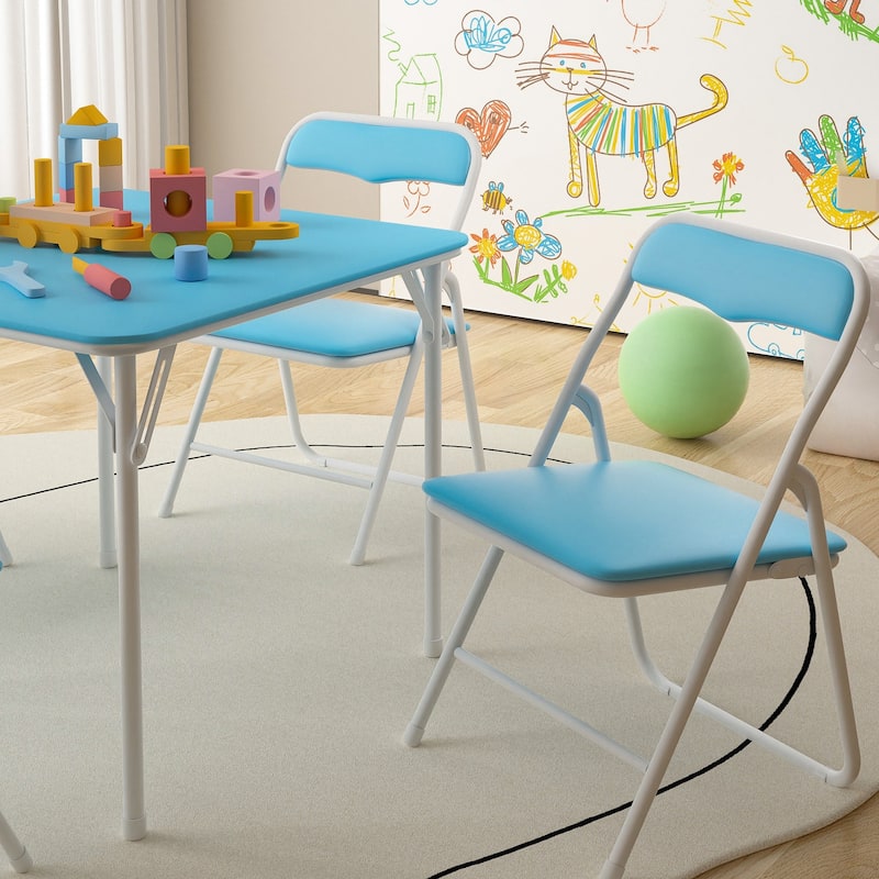 VECELO 5 Pcs Kids Folding Activity Table and Chairs Set, Portable, with Ultra Soft PU Padded Cushion, Matte Black