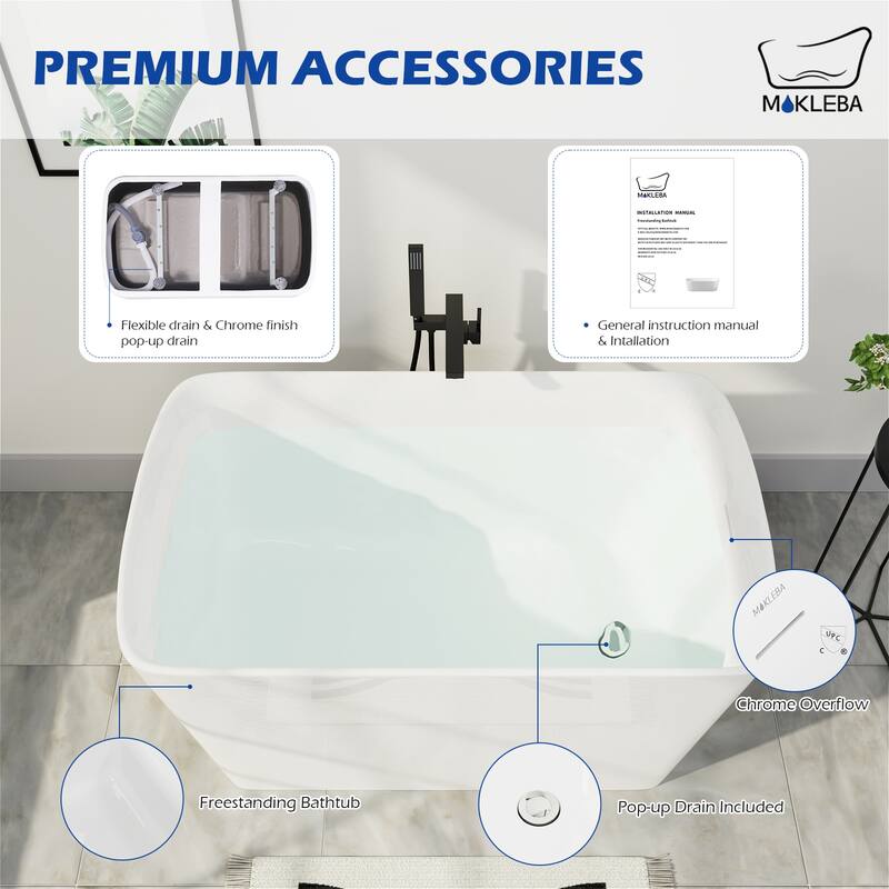 47 in.L x 27.55 in.W Japanese Soaking Acrylic Freestanding Flatbottom Bathtub Reversible Drain