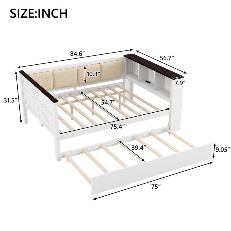 Wood Daybed with Storage Shelves, Upholstered Backrest, USB Charging Station and Trundle