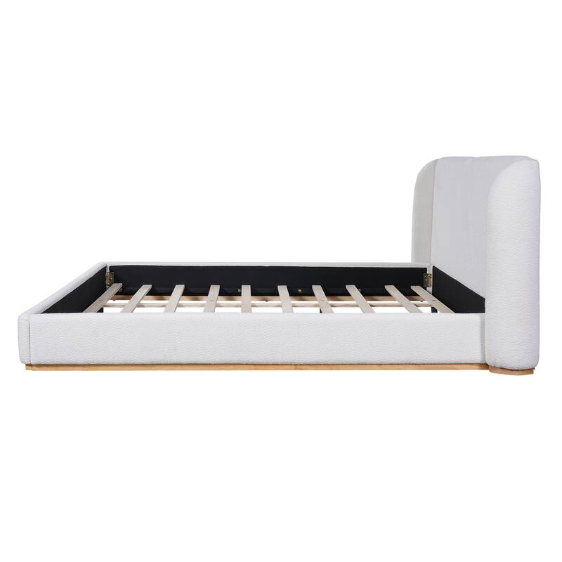 King Size Bed Frame with Upholstered Wingback Headboard, Solid Wood Base, White