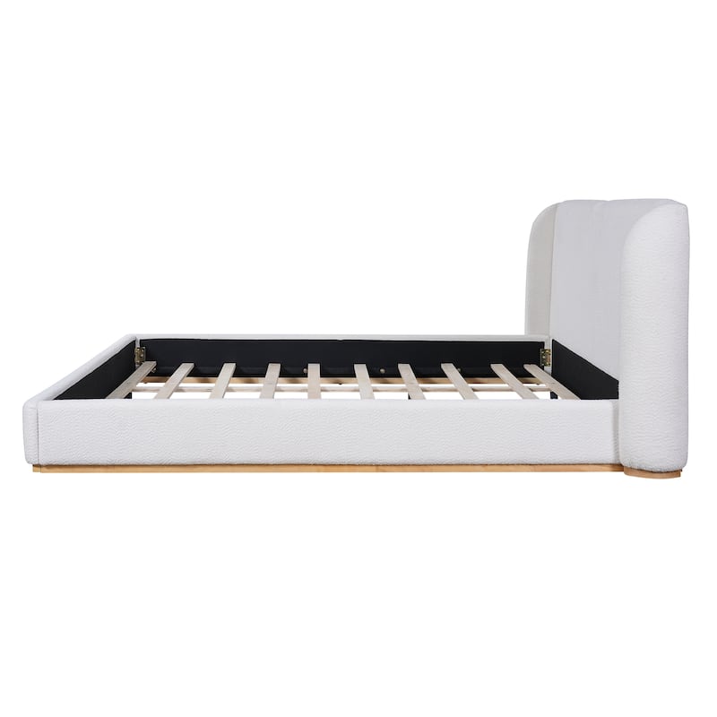 White Low Profile Platform Bed Ground Bed Boucle Frame with Upholstered Wingback Headboard