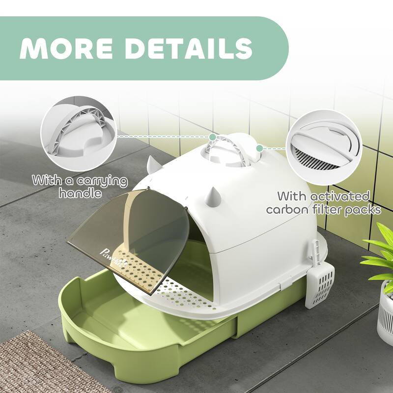 PawHut Cat Litter Box, Covered Kitty Litter Box with Lid, Scoop, Deodorizing Bags for Odor Control, Green