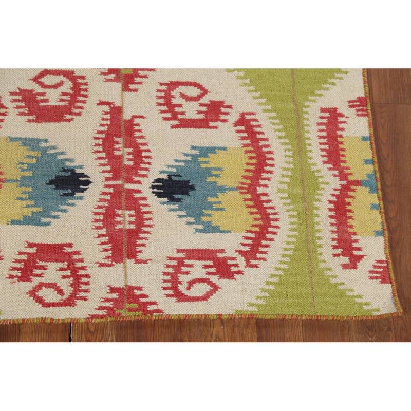 Hand-Woven Green Kilim Oriental Area Rug Handmade Wool Carpet - 4'10"x 7'11"