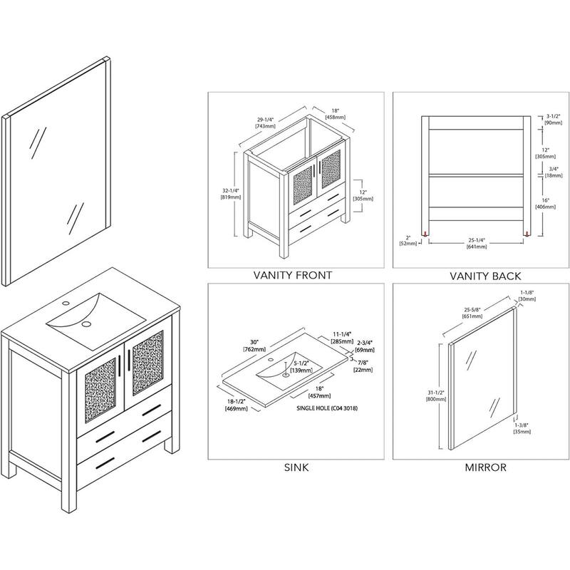 Blossom 30" Bathroom Vanity with Ceramic Sink and Matching Mirror