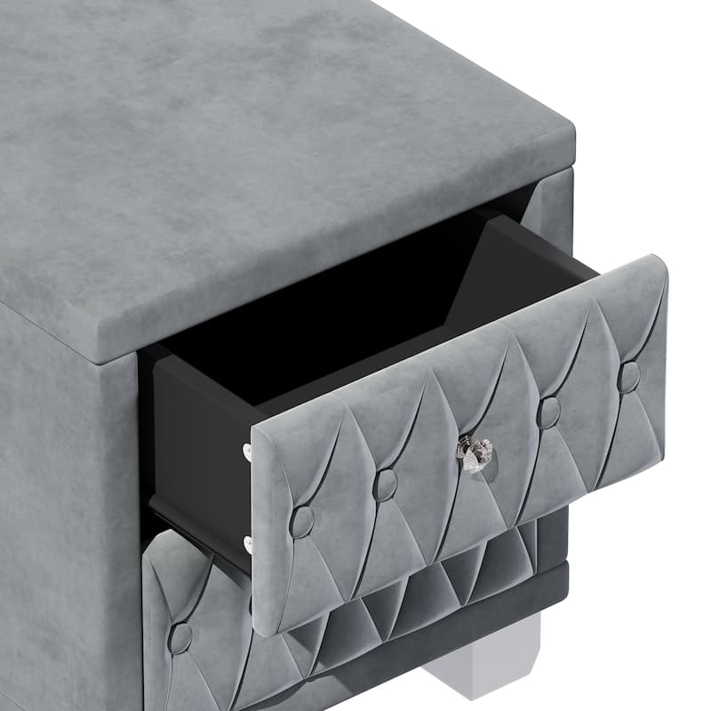 Elegant Velvet Nightstand with 2 Drawers and Crystal Handle, Storage Bedside Table with Button-Tufted, Grey