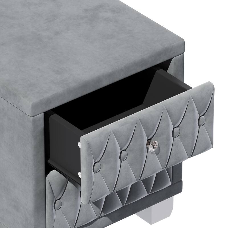 Elegant Velvet Nightstand with 2 Drawers and Crystal Handle, Storage Bedside Table with Button-Tufted