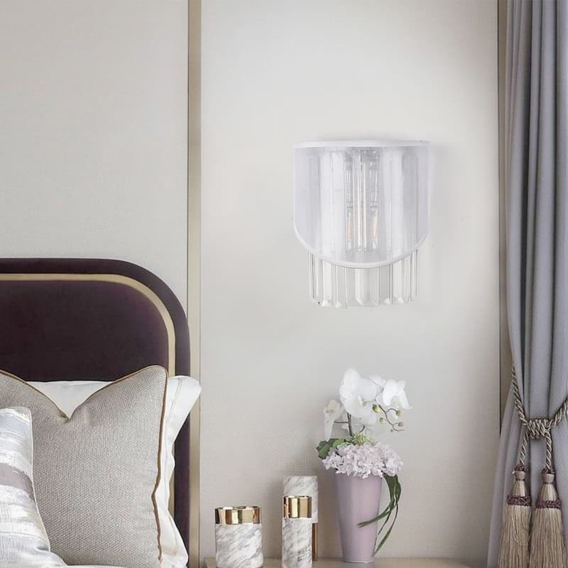 1-Light Modern White Fabric & Crystal Wall Sconce - Ideal for Living Room Decoration - Polished Nickel - N/A