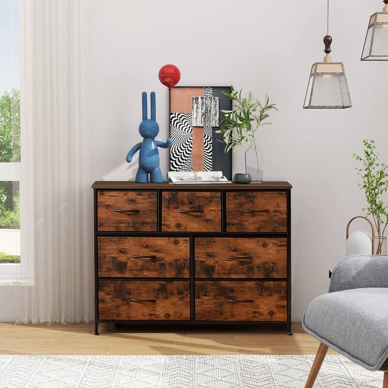 Freestanding 7-Drawer Chest of Drawers Chest Tower TV Stand with Wood Top for Closet Bedroom