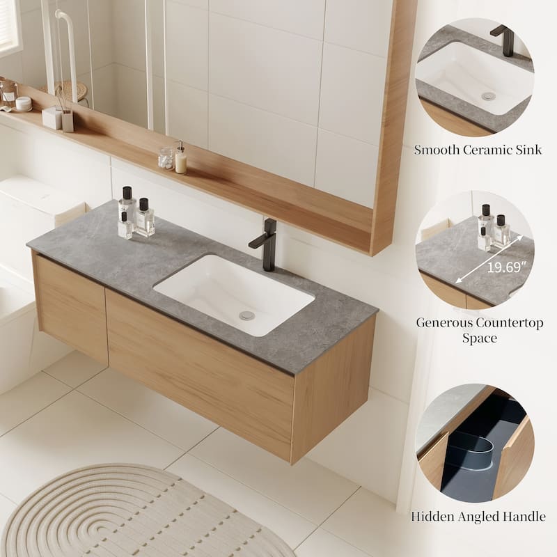 47.24 Single Bathroom Vanity, Modern, Gray Stone Stop, Light Solid Wood