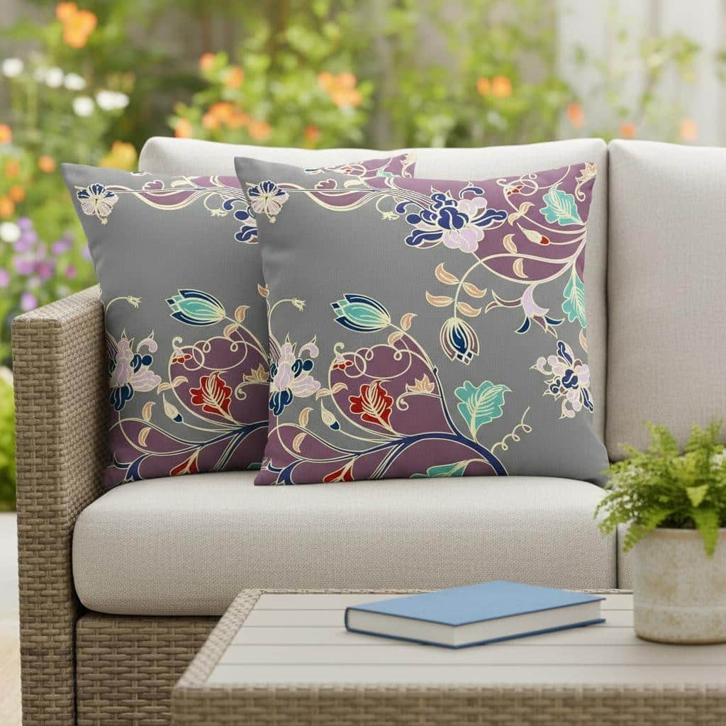 HomeRoots Set of Two 16" X 16" Gray and Purple Blown Seam Floral Indoor Outdoor Throw Pillow - 16.00' X '16.00' X '5.00