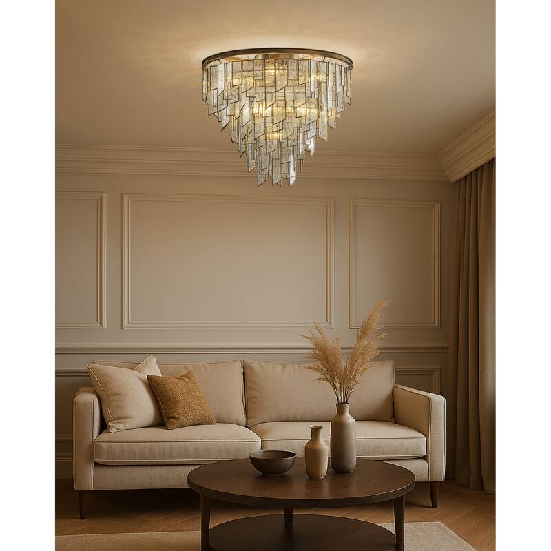 6-Light Luxury Water Ripple Glass Flush Mount Modern Brass Frame Lighting Fixture for Dining Room Living Room and Kitchen Island