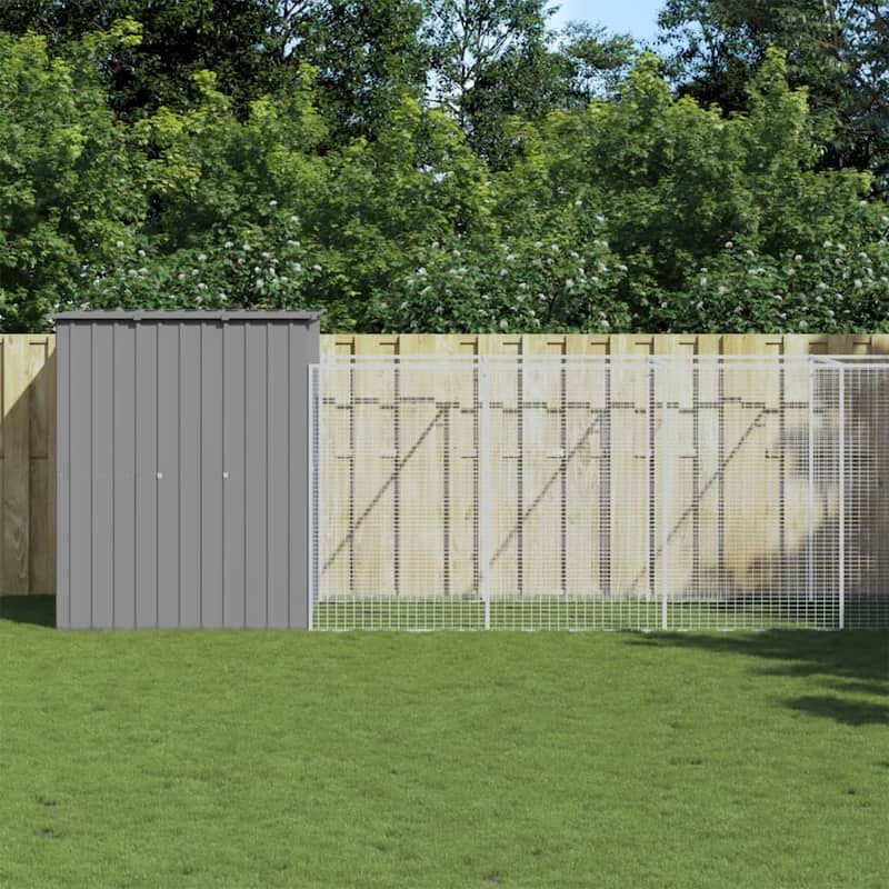 vidaXL Dog House Outdoor Dog Kennel Crate Shelter with Run Galvanized Steel - 65" x 500.4" x 71.3" - Gray