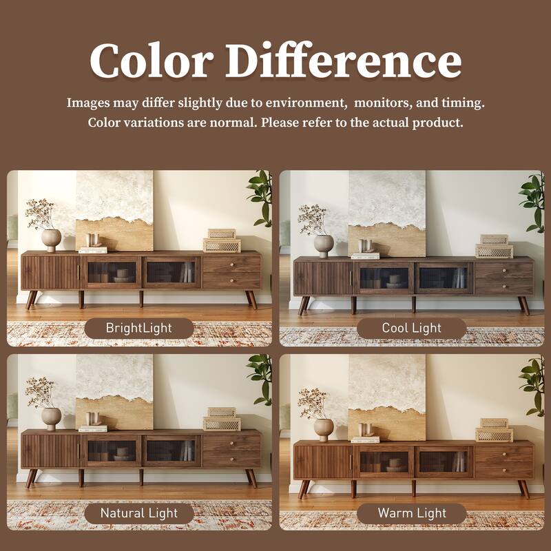 76" Contemporary TV Stand – Wood-Grain Media Console with Glass Doors & Storage Cabinets, Fits 85" TVs – Minimalist Design